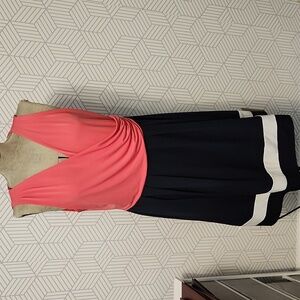 Ann Taylor Loft Sleeveless Pink and Navy V-Neck Short Dress | Women's Size Large